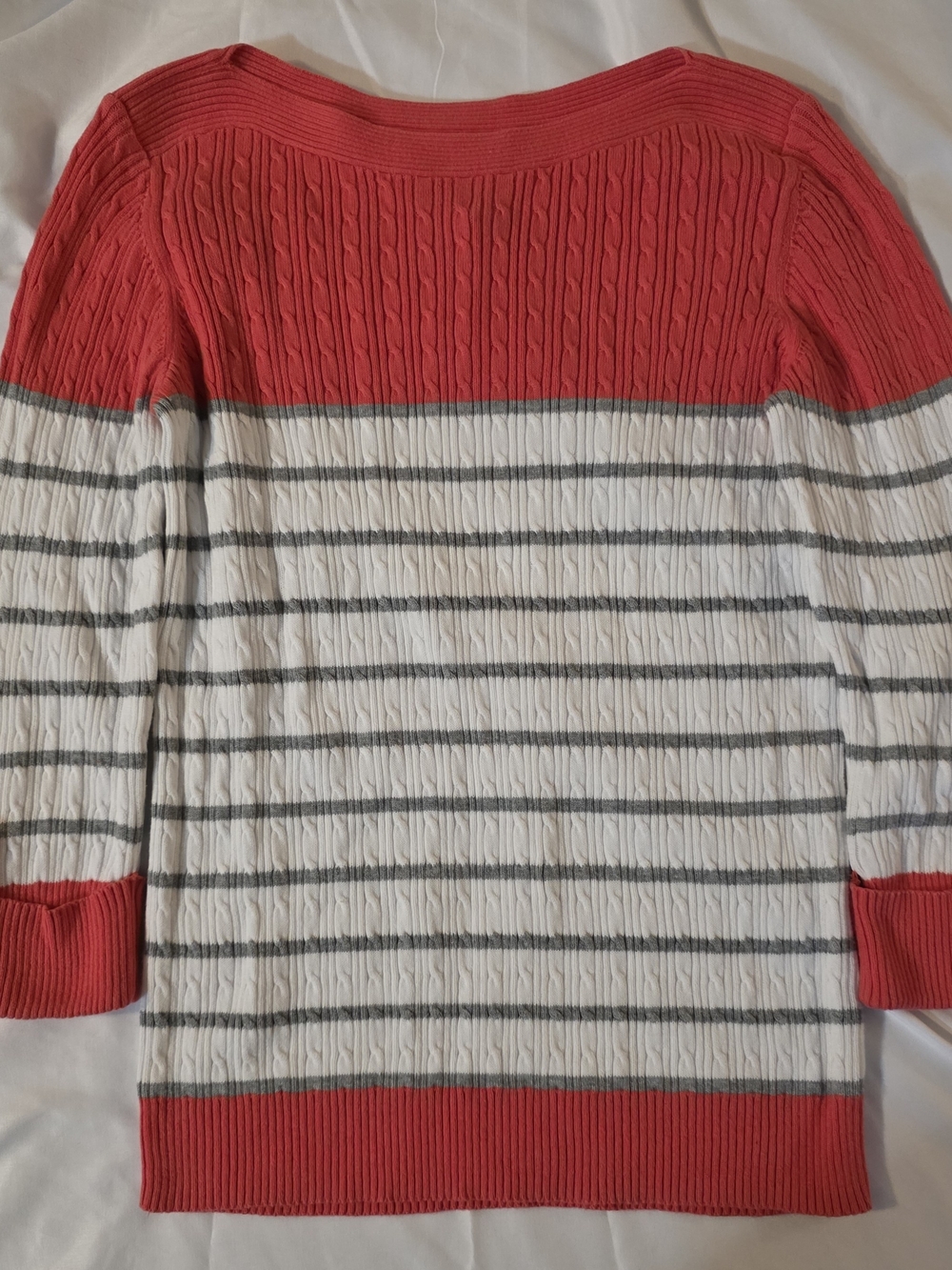 Karen Scott Coral and White Striped Cable-Knit Sweater Size Small
